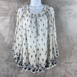 Free People FP One Tunic Blouse Womens Size XS White Blue Floral Sheer Peasant